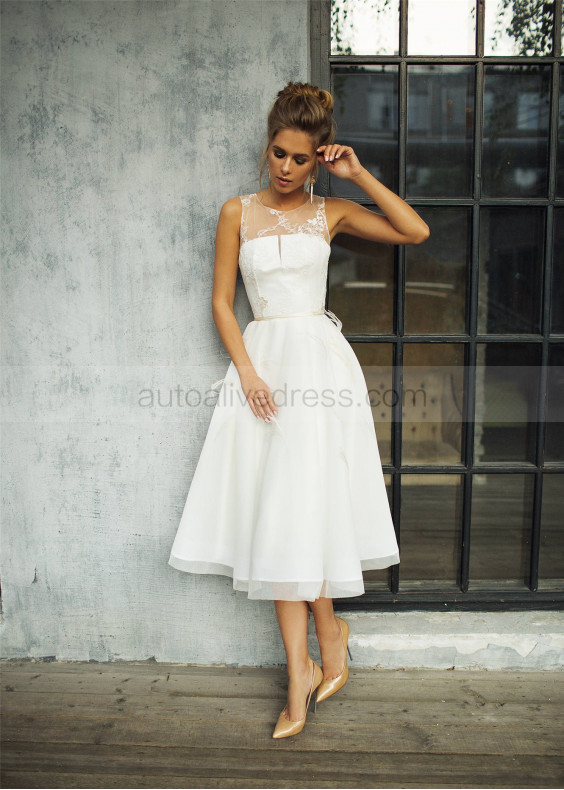 Ivory Lace Tulle Tea Length Keyhole Back Wedding Dress